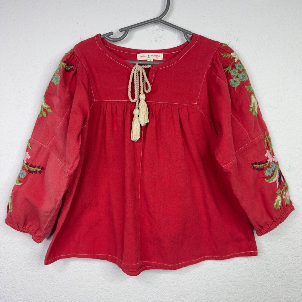 Mimi & Maggie Shirt 4T Red Linen Blend Embroidered Floral Peasant Boho Cottage